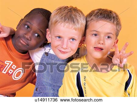 Arm Around Boy Blonde Hair Asian Ethnicity African Ethnicity