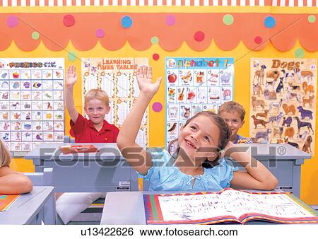 Stock Photograph - female, blonde hair, children, male, youth, desk, happiness. Fotosearch