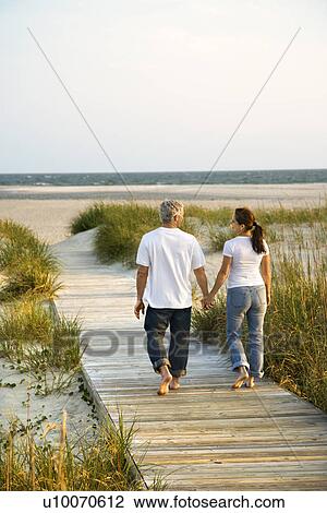 Stock Image - Back view of mid-adult Caucasian couple walking down walkway to beach.. Fotosearch