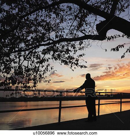 Stock Photograph - African-American man standing by water at sunset in Washington, D. C., USA.. Fotosearch