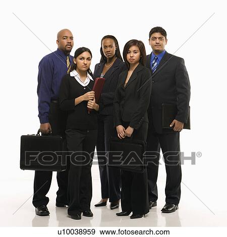 Stock Photo - Multi-ethnic business group of men and women standing with briefcases looking at viewer.. Fotosearch