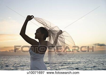 Stock Photo - Young adult female Caucasian bride holding out veil on beach.. Fotosearch