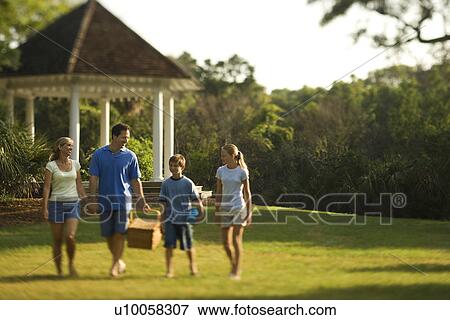 Caucasian family of four carrying picnic basket walking through park. View Large Photo Image Stock Photo - Caucasian family of four carrying picnic basket walking through park.. Fotosearch