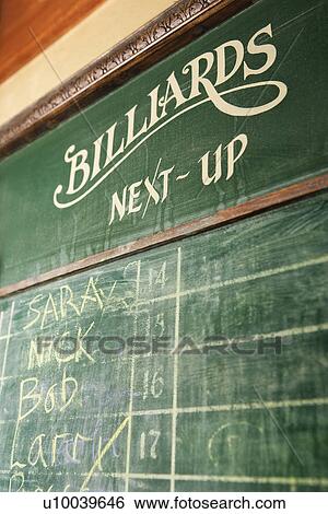 Chalkboard queue for people waiting to play billiards in nightclub. View Large Photo Image Stock Photograph - Chalkboard queue for people waiting to play billiards in nightclub.. Fotosearch
