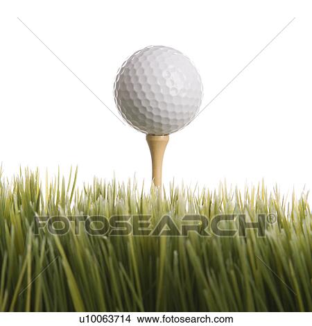 Picture - Studio shot of golf ball resting on tee in grass.. Fotosearch