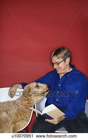 Middle-aged Caucasian man with Goldendoodle dog reading book. View Large Photo Image Stock Image - Middle-aged Caucasian man with Goldendoodle dog reading book.. Fotosearch
