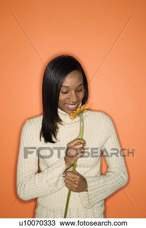 Portrait of smiling African-American teen girl holding single Gerbera Daisy standing against orange background. View Large Photo Image Stock Image - Portrait of smiling African-American teen girl holding single Gerbera Daisy standing against orange background.. Fotosearch