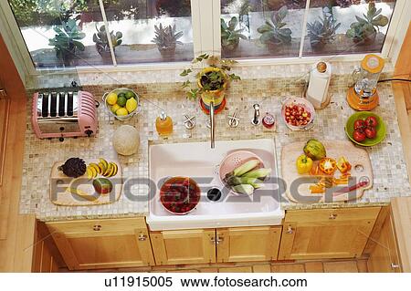 Stock Photography - High angle view of an empty kitchen. Fotosearch
