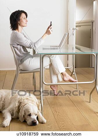 Stock Photo - Woman at her desk, dog sleeping. Fotosearch