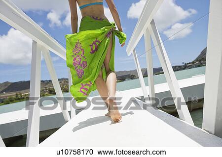 Stock Image - Rear view of a woman walking on a pier. Fotosearch