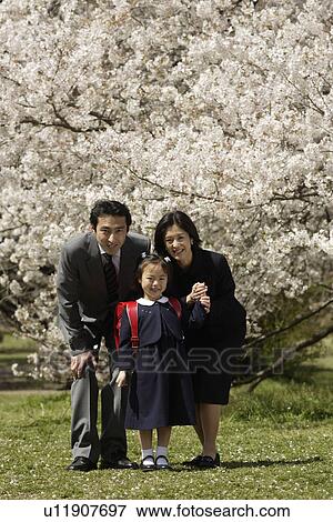 Stock Photo - Portrait of a family standing under tree. Fotosearch