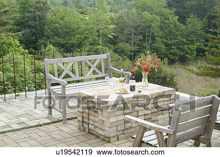 Brick table and two benches View Large Photo Image Stock Photo - Brick table and two benches. Fotosearch