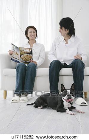 Stock Image - Young couple and Boston Terrier. Fotosearch