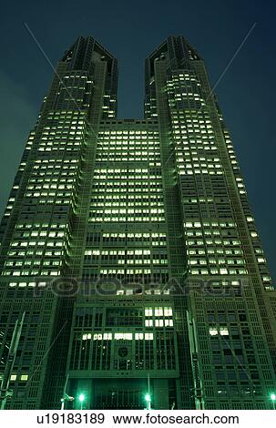 Stock Photo - Exterior of Illuminated Tokyo Metropolitan Government Building, Tokyo, Japan. Fotosearch