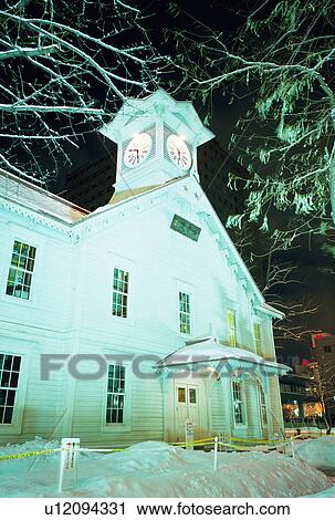 Stock Image - Illuminated Clock Tower in Sapporo, Hokkaido, Japan. Fotosearch