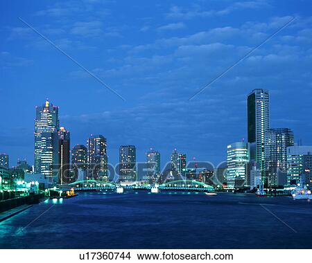 Sumida river and buildings at night View Large Photo Image Picture - Sumida river and buildings at night. Fotosearch
