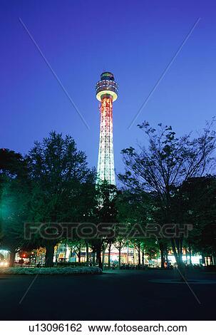 Stock Image - Yokohama Marine Tower at Night, Japan. Fotosearch