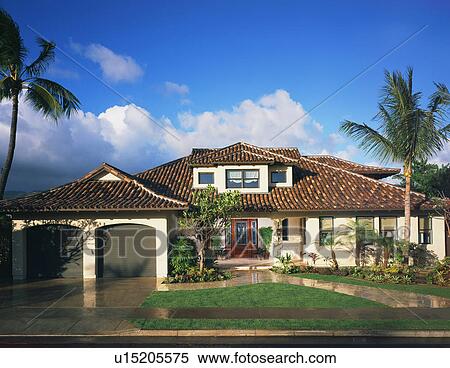 Stock Photography - Front exterior of contemporary coastal home. Fotosearch