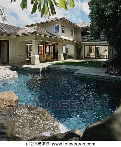 Stock Photo - Rear Exterior and Swimming Pool of Contemporary Home. Fotosearch