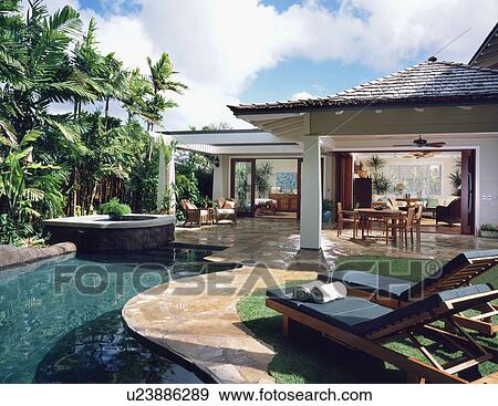 Stock Photo - Rear Exterior and Swimming Pool of Contemporary Home. Fotosearch