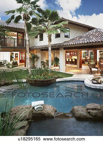 Rear exterior and swimming pool of contemporary home View Large Photo Image Stock Photography - Rear exterior and swimming pool of contemporary home. Fotosearch