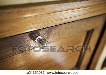 Stock Photo - Detail of knob on wooden drawer.. Fotosearch