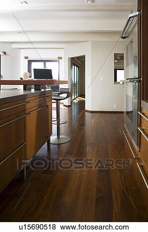 Modern Kitchen with Hardwoood Floors View Large Photo Image Stock Photo - Modern Kitchen with Hardwoood Floors. Fotosearch