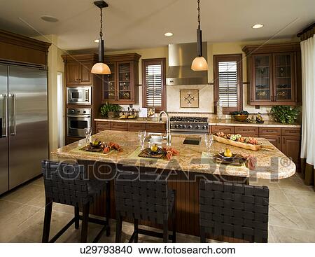 Stock Image - Contemporary Kitchen with Island. Fotosearch