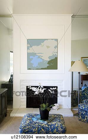 Living Room with Fireplace and Blue Accents View Large Photo Image Picture - Living Room with Fireplace and Blue Accents. Fotosearch