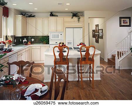 Traditional Kitchen with Island and Dining Table View Large Photo Image Stock Photography - Traditional Kitchen with Island and Dining Table. Fotosearch