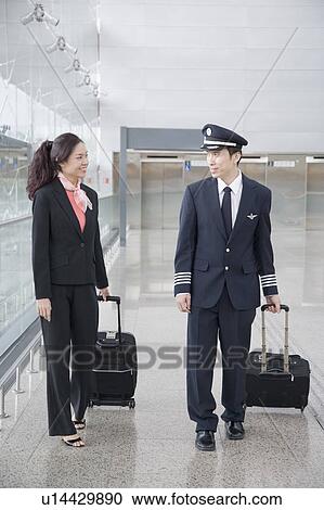 Male pilot and a female cabin crew walking and carrying their luggage in the corridor of an airport View Large Photo Image Stock Image - Male pilot and a female cabin crew walking and carrying their luggage in the corridor of an airport. Fotosearch