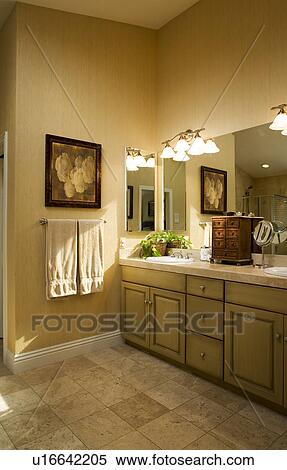 Modernes, badezimmer, mit, fliese boden, rustikal, kabinette, und