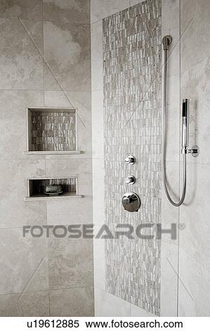 Stock Photography - Tiled shower and shower head. Fotosearch