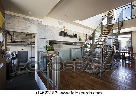 Wide angle of modern staircase and landing View Large Photo Image Stock Photo - Wide angle of modern staircase and landing. Fotosearch
