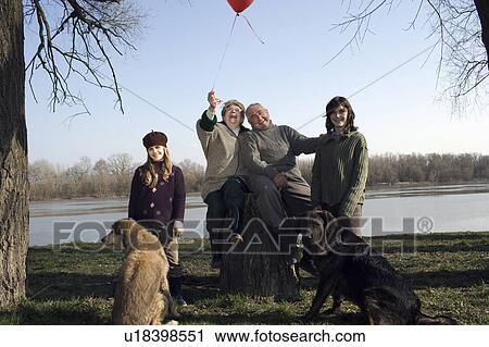 Stock Image - Grandparents, grandson (12-14) and granddaughter (10-12) with two dogs by river. Fotosearch