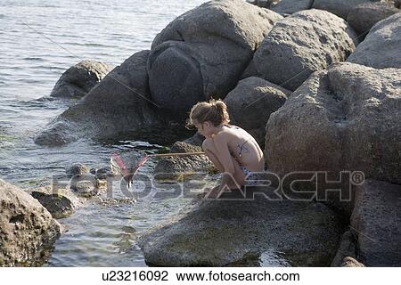 Young girl crouched on rocks fishing with a net. View Large Photo Image Stock Image - Young girl crouched on rocks fishing with a net.. Fotosearch