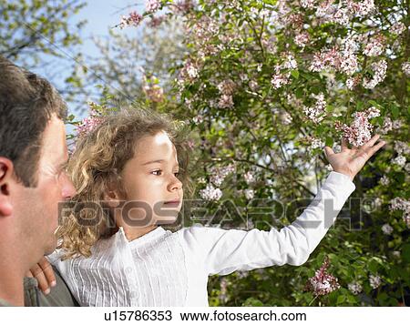 Stock Image - Man and young girl standing beside a flowering tree.. Fotosearch