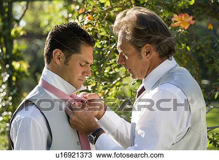 Mature father helping groom with tie in garden View Large Photo Image Stock Image - Mature father helping groom with tie in garden. Fotosearch