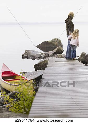 Picture - Woman and young girl on a dock near a boat.. Fotosearch