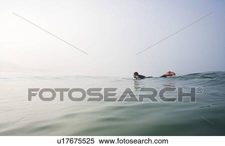 Stock Photography - Man lying on surfboard in the water.. Fotosearch