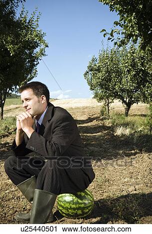 Stock Image - Man sitting on watermelon in orchard.. Fotosearch