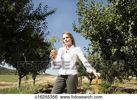 Woman leaning on spade holding plant. View Large Photo Image Stock Photograph - Woman leaning on spade holding plant.. Fotosearch