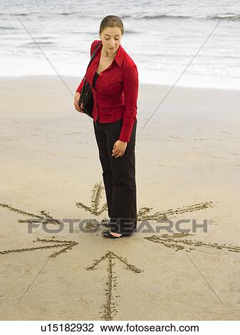 Stock Image - Woman on beach with arrows in sand around her.. Fotosearch