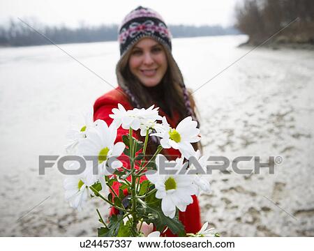 Young woman holding out flowers, smiling, portrait (focus on flowers) View Large Photo Image Stock Photo - Young woman holding out flowers, smiling, portrait (focus on flowers). Fotosearch