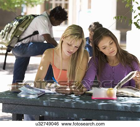 Stock Photograph - Two university students helping each other with revision. Fotosearch