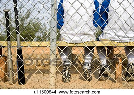 Picture - Rear view little league baseball team sitting on bench. Fotosearch