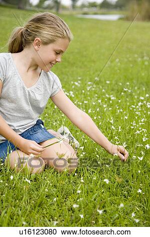 Stock Image - girl sitting on grass picking flowers. Fotosearch