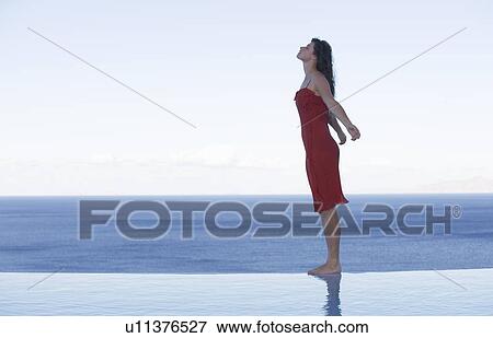 A woman standing on the edge of a pool View Large Photo Image Stock Photo - A woman standing on the edge of a pool. Fotosearch