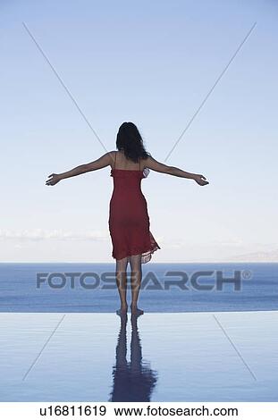 A woman standing on the edge of a pool View Large Photo Image Stock Photo - A woman standing on the edge of a pool. Fotosearch