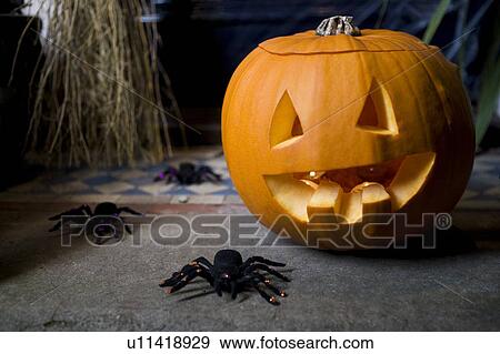 Atmospheric Hallowe'en scene - pumpkin, broomstick and spiders View Large Photo Image Stock Photo - Atmospheric Hallowe'en scene - pumpkin, broomstick and spiders . Fotosearch
